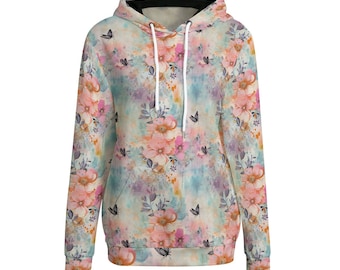 Rosa blommor damtröja med huva, blommig boho fjäril estetisk grafisk huva långärmad bomull damer plusstorlek sweatshirt fickor