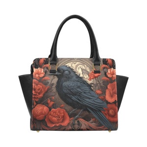 Cuervo Flores Monedero Bolso, Pájaro Negro Rojo Gótico Botánico Floral Cuero Vegano Diseñador Mujer Satchel Top Cremallera Asa Bolso Correa Para El Hombro