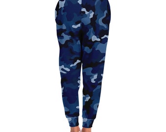 Navy Blue Camo Joggers Sweatpants With Pockets, Camouflage Women