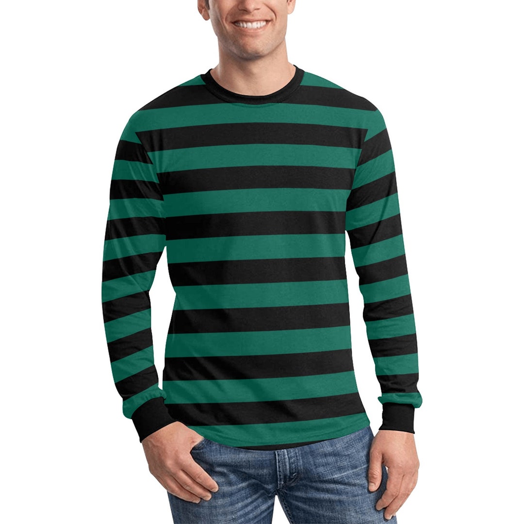 Black and Green Men Long Sleeve Striped Tshirt, Graphic