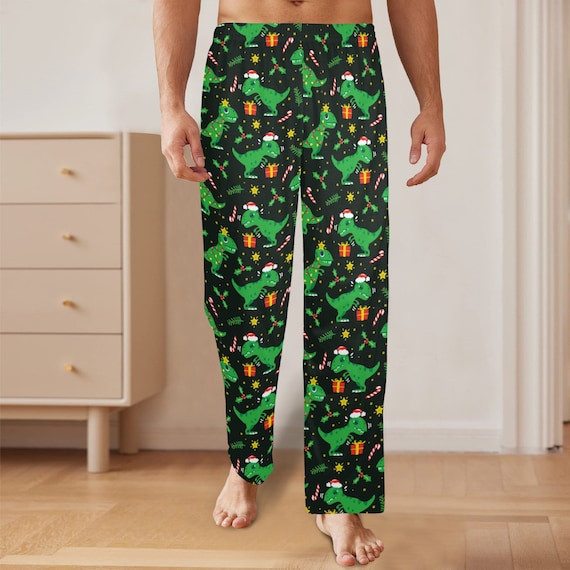 Dino Santa Hat Men Pajamas Pants Green Dinosaur Christmas Xmas Satin PJ Pockets Sleep Lounge Trousers Couples Matching Trousers Bottoms Etsy Canada