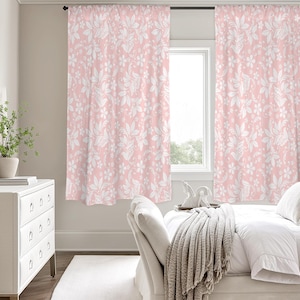 Pink White Floral Modern Window Curtain, Flowers Kitchen Living Room Bedroom Bathroom Fabric Unique Rod Pocket Decor Housewarming Home