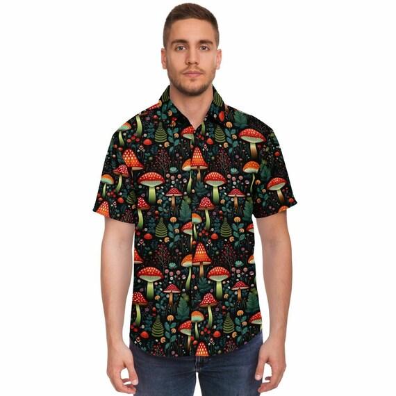 Red Mushroom Short Sleeve Men Button up Shirt, Cottagecore