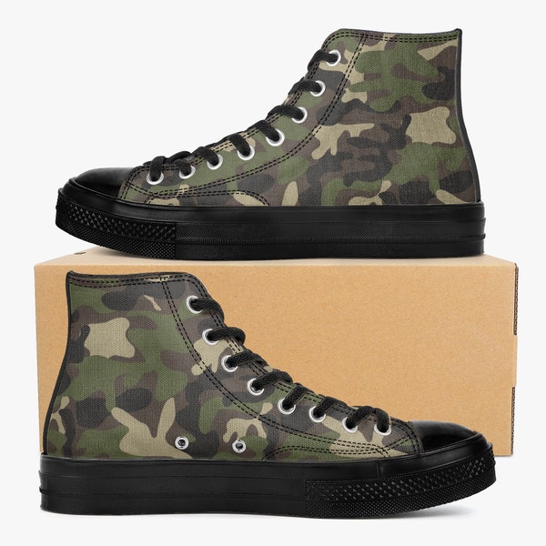 Camo High Top Shoes, Green Camouflage Black Lace Up Sneakers Footwear Rave Canvas Streatwear Designer Men Women Gift Idea