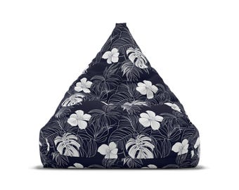 Navy Blue Tropical Bean Bag Chair Cover, Hibiscus Floral White Washable Triangle Small Large Adult Children Kids Sofa Dorm Unfilled Sack