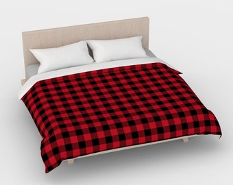 Red Buffalo Plaid Duvet Cover, Check Cotton Sateen King Full Double Queen Twin Unique Vibrant Bed Modern Bedding Bedroom Decor