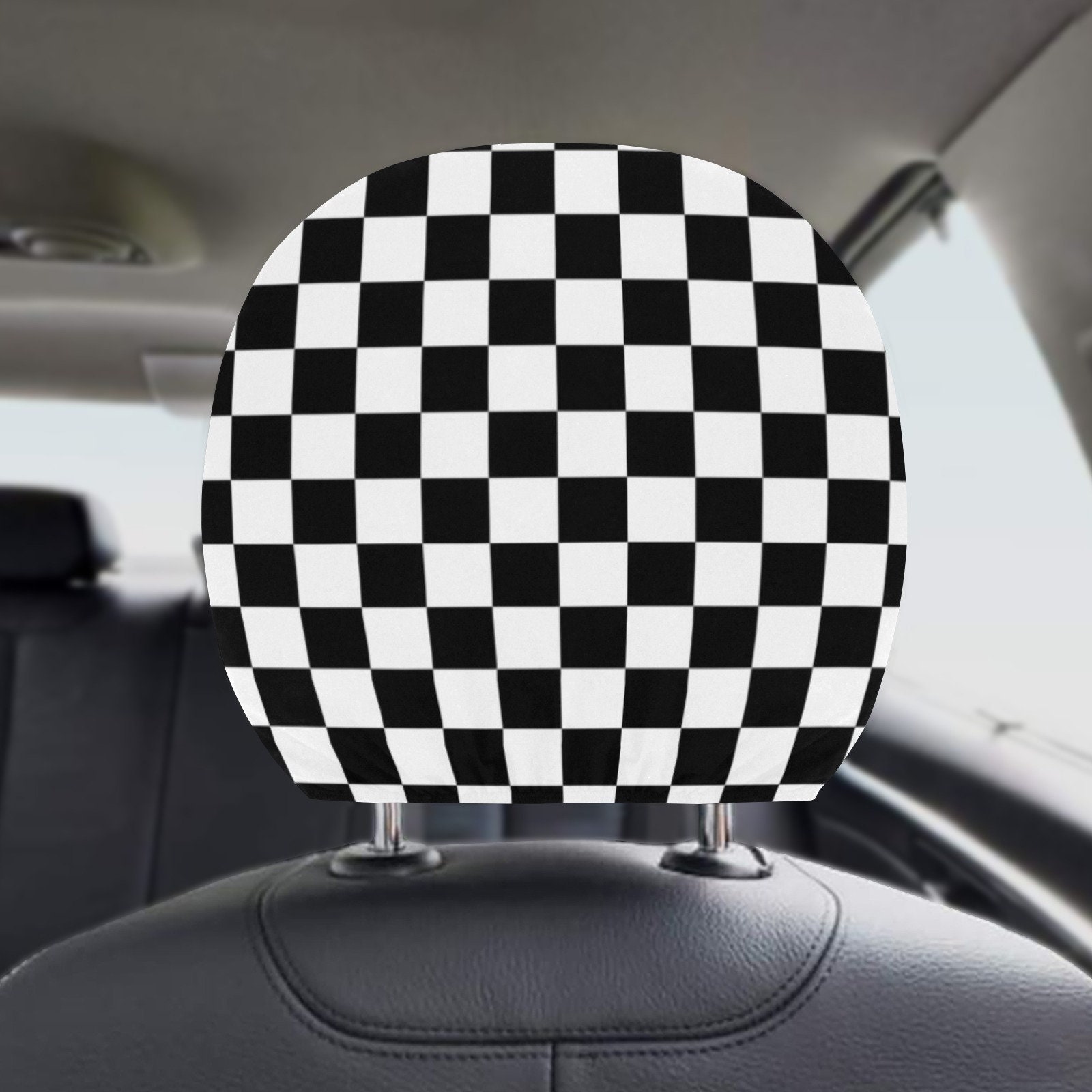 Checkered Car Seat Headrest Cover (2pcs), Black White check Racing Print Truck Suv Van Vehicle Auto Decoration Protector New Car Gift