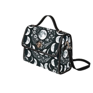 Celestial Moon Black Satchel Purse bag, Cottagecore Boho Small Lunar Phase Witch Waterproof Cute Women Crossbody Vegan Leather Strap Handbag