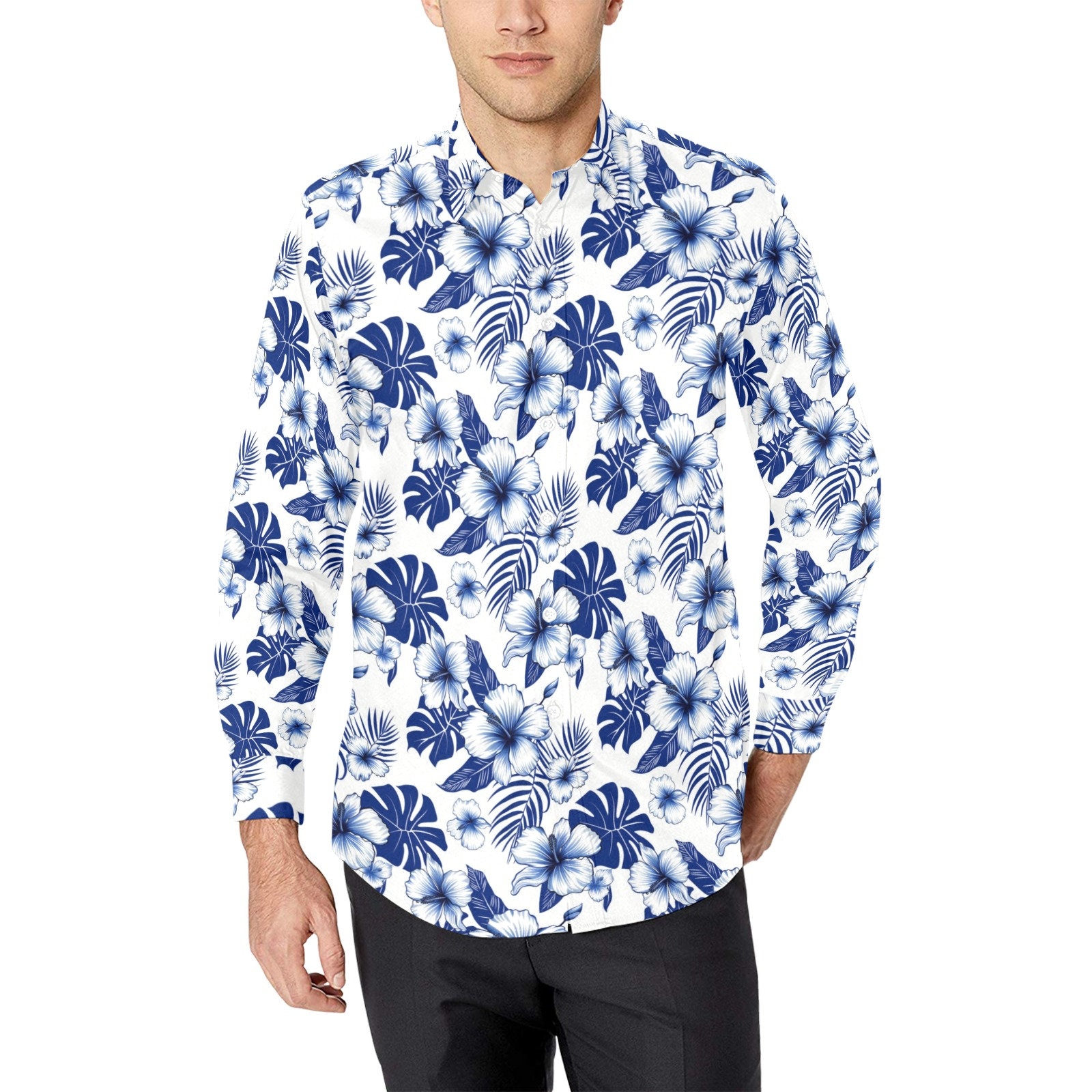 Blue White Hibiscus Long Sleeve Men Button up Shirt, Navy Floral