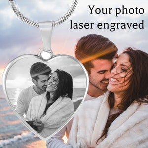 Custom photo heart necklace, Personalized Jewelry gift Wife Girlfriend Mom Valentines Day Anniversary Present Picture Laser Engraved Gold