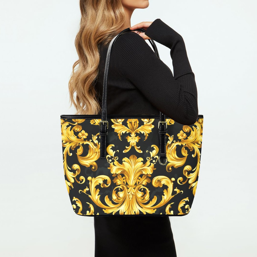 Black Gold Print Baroque Tote Bag Purse, Yellow Luxury Art Women