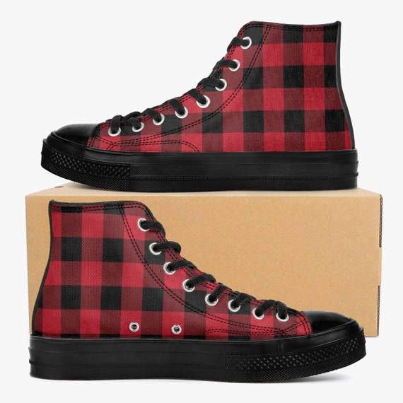 Red Buffalo Plaid High Top Shoes Black Check Lace up Sneakers Footwear Rave Canvas Streetwear Designer Men Women Gift Etsy UK