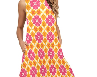 Pink Orange Yellow Tank Dress Women Pockets, Floral Flowers Retro Groovy 70s Print Summer Sleeveless Mini Short Cute Handmade Party Casual