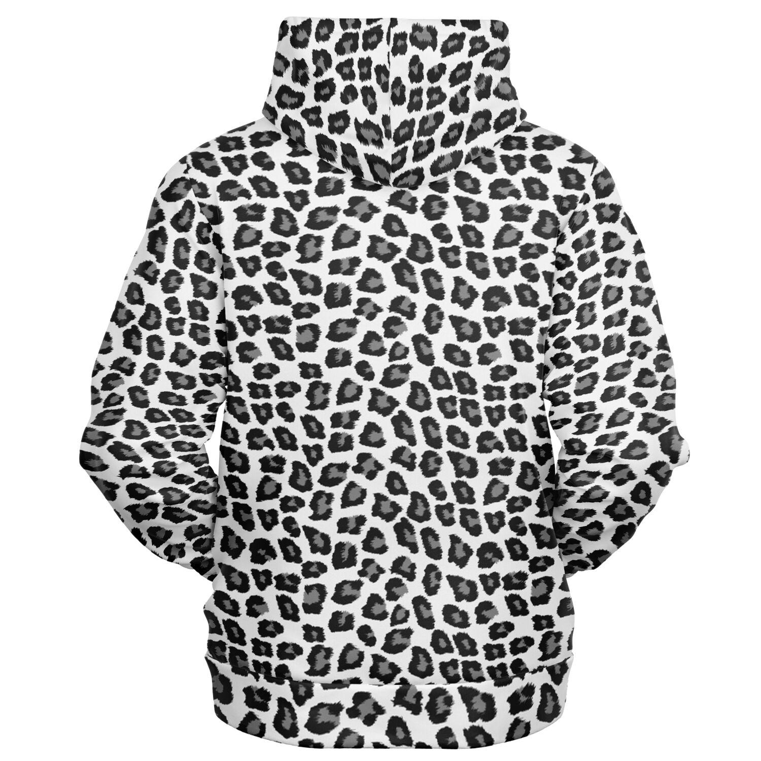 Snow Leopard Zip up Hoodie, Black White Animal Print Full Zipper