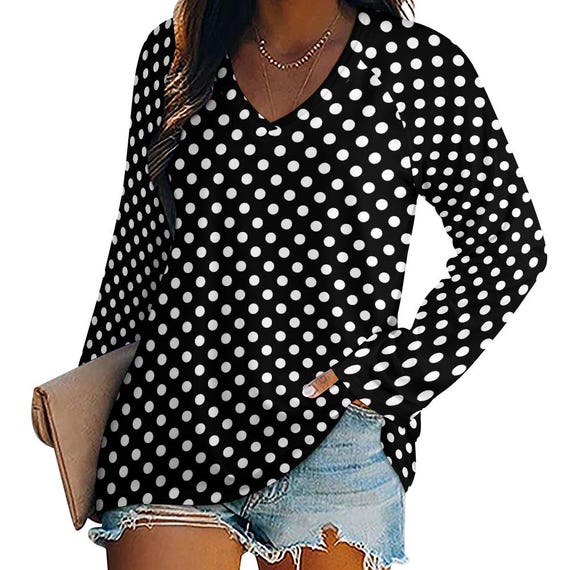 Polka Dots Women Long Sleeve Tshirt Loose Fit, Black White Vintage