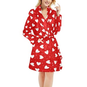 Hearts Women Fleece Robe, Red Soft Plush Ladies Microfleece Peignoir Long Sleeve Sexy Lounge Spa Bathrobe Gift Wife Valentine plus size