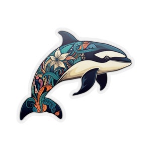 Orca Sticker Decal, Killer Whale Floral Art Vinyl Laptop Cute Waterbottle Tumbler Car Waterproof Bumper Clear Aesthetic Die Cut Wall