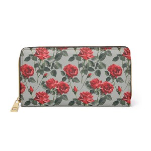 Cartera de cuero de rosas para mujer, flores florales grises rojas Cremallera vegana Cremallera alrededor de monedas Tarjetas de crédito Bolsillo en efectivo Bolsa de damas Monedero de embrague delgado