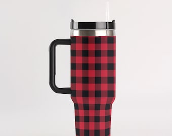 Red Buffalo Plaid 40 Unzen Becher mit Griff Stroh, Urlaub Weihnachten Edelstahlbecher Reisebecher Kaffee Insuliert Sublimation Männer Frauen