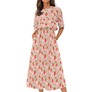 Strawberry Women Maxi Dress, Pink Floral Elastic Waist Long Ankle Length Boho Short Sleeve Casual Spring Summer Fruit Cute Designer Ladies