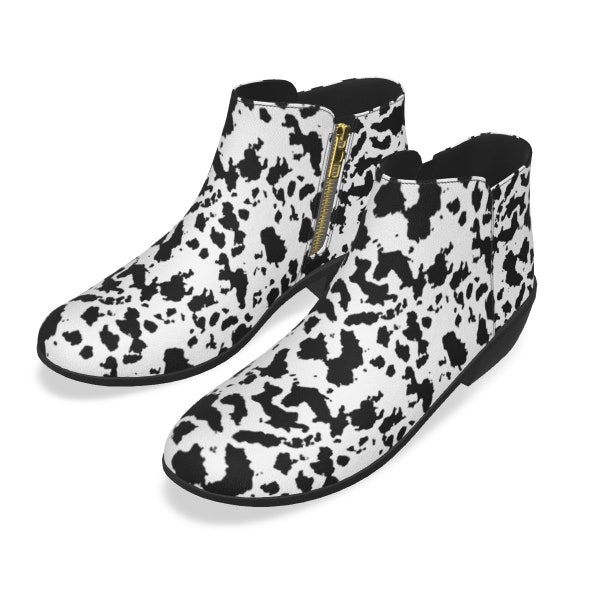 Brown Cow Pattern Print Men Women Leather Boots main image 1