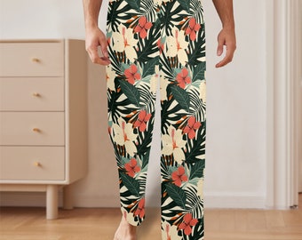 Pantalón de pijama para hombre con estampado tropical de hojas, estilo hawaiano retro con flores de hibisco y bolsillos. Incluye pantalón a juego.