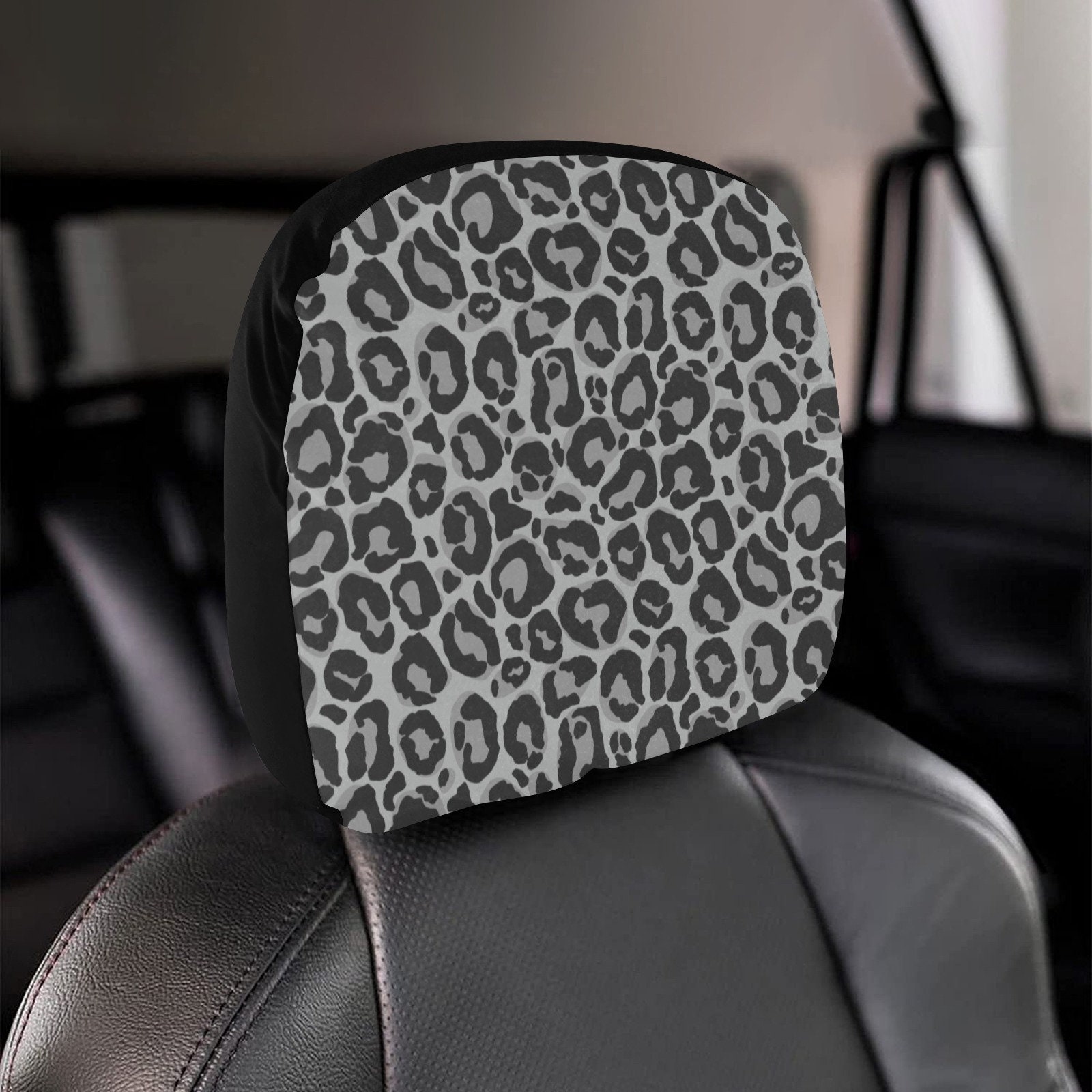 Grey Leopard Car Seat Headrest Cover (2pcs), Animal Print Truck Suv Van Vehicle Auto Decoration Protector New Car Gift