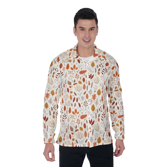 chinese dress ladies Fall Leaf Men Button Up Shirt, Brown Autumn Long Sleeve Print Buttoned Down Collar Male Guys Casual Dress Shirt Chest Pocket Collared L