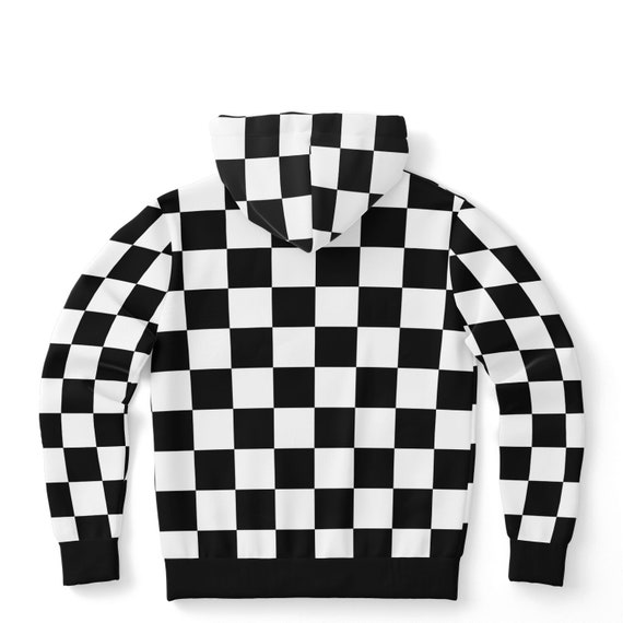 Checkered Hoodie, Black and White Check Racing Plaid Checkered Hoodie, Black and White Check Racing Plaid