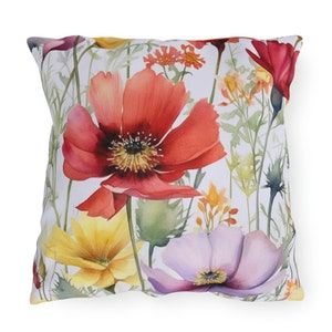 Wildflowers Outdoor Pillow Filled with Insert, Watercolor Red Square Throw Decorative Patio Decor Porch Cushion Waterproof