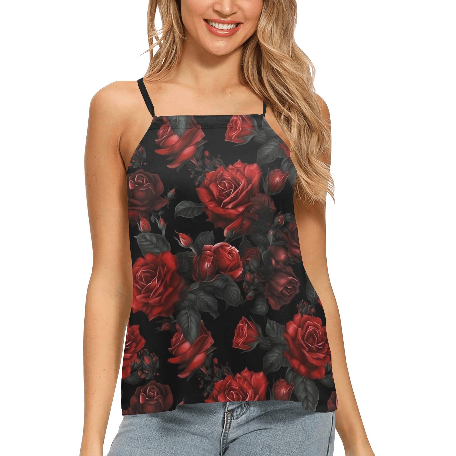 Red Rose Floral Women Tank Top Adjustable Spaghetti Straps