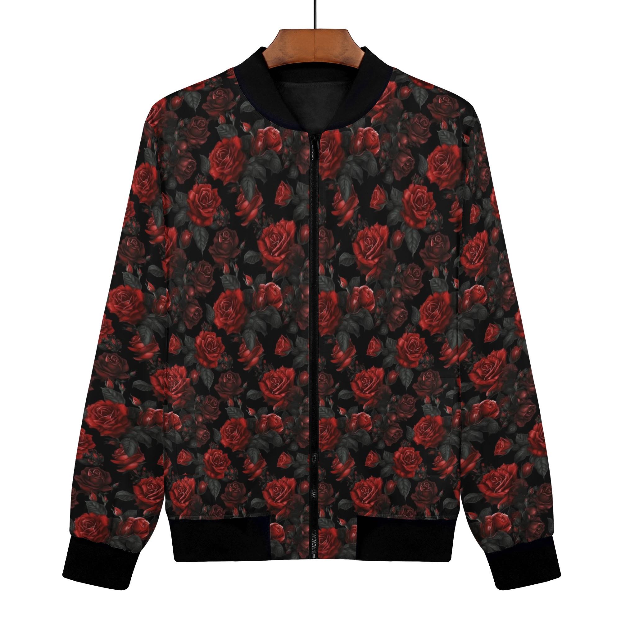 Red Roses Women Bomber Jacket, Black Floral Flowers Ladies Female
