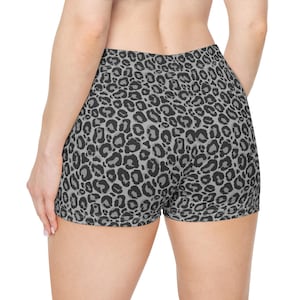 Gray Leopard Women Shorts, Grey Animal Cheetah Print Yoga Biker Sport Workout Gym Festival Running Moisture Wicking Ladies Spandex Bottoms