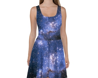 ブルー ギャラクシー スケーター ドレス レディース、宇宙プリント 夜空 星 星座 天体 星雲 ホルター フェスティバル ノースリーブ