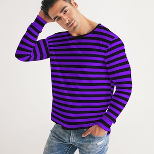 Violet Purple Black Stripes Men Long Sleeve Tshirt, Thin Horizontal Striped Unisex Women Designer Graphic Aesthetic Printed Crew Neck Tee