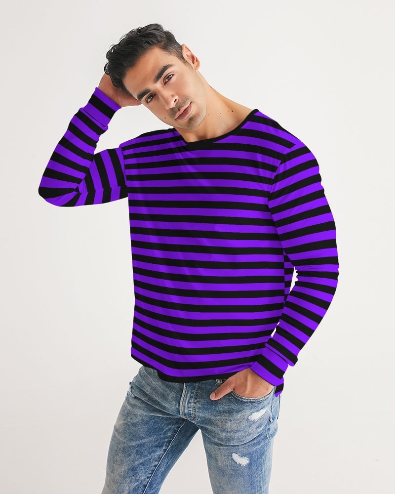 Violet Purple Black Stripes Men Long Sleeve Tshirt, Thin
