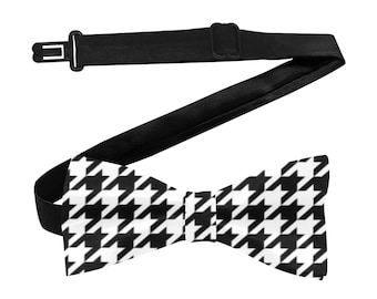 Houndstooth Bow Tie, Black White Hounds Tooth Classic Chic Adjustable Pre Tied Bowtie Gift for Him Men Tuxedo Groomsmen Necktie Wedding