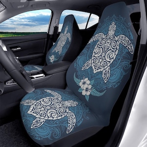 Hawaiian Sea Turtle Car Seat Covers 2 pc, Blue Boho Tribal Pattern Polynesian Art Front Auto SUV Protector Decor Automotive Universal Women