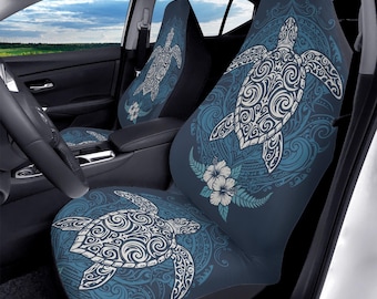 Fundas de asiento de coche con diseño de tortuga marina hawaiana, 2 piezas, con estampado tribal bohemio azul, arte polinesio, protector frontal para SUV, decoración automotriz universal para mujer