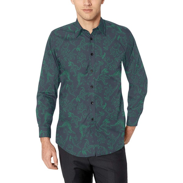 Dinosaurs Long Sleeve Men Button Up Shirt, Dino Green Fun Animals Print Buttoned Collar Casual Shirt with Chest Pocket Dress Shirt