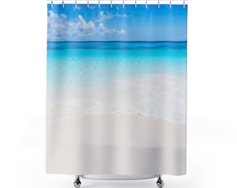 Beach Shower Curtain, Tropical Coastal Ocean Sea Fabric Unique Bath Bathroom Decor Cool Housewarming Home Gift 71" x 74"