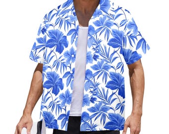 Camisa havaiana azul masculina, Tropical Leaf Royal Indigo White Floral Designer V Neck Aloha Hawaii Retro Beach Plus Size Masculino Botão Down