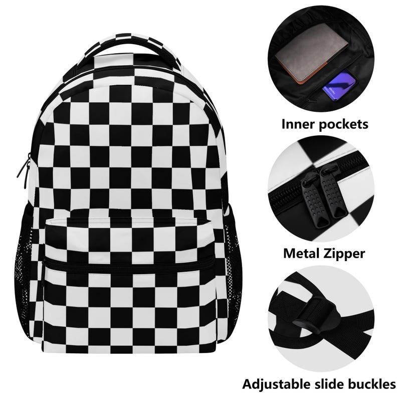 Checkered Backpack, Black White Check Checkerboard Men Women Kids Books ...