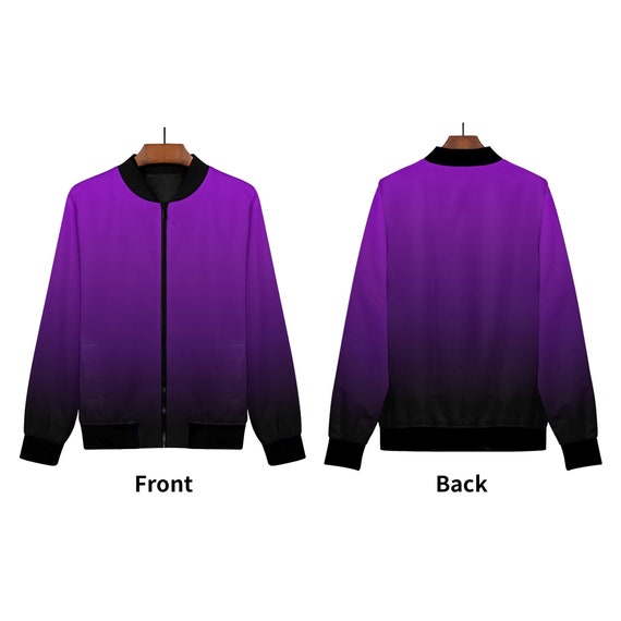 Purple Ombre Women Bomber Jacket, Black Tie Dye Gradient Zip