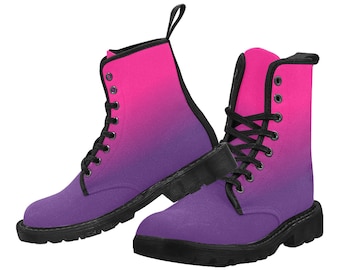Pink Purple Ombre Women's Boots, Gradient Dip Dye Vegan Canvas Lace Up Shoes Print Army Ankle Combat Winter Casual Custom Gift