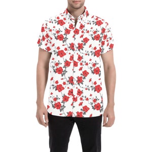 Red and White Flowers Men Button Down Shirt, Floral Designer Guys Print Casual Short Sleeve Buttoned Up Summer Collared Dress Shirt