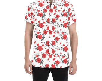 Camisa masculina com botões, flores vermelhas e brancas, designer floral, estampa casual, manga curta, abotoada, verão, camisa social