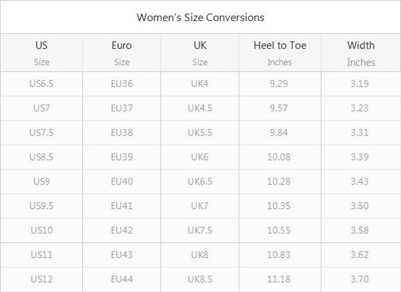 Puede incluir: Un gr&aacute;fico blanco titulado "Conversiones de tallas de mujer" muestra las conversiones de tallas de zapatos entre las tallas de EE. UU., Euro y Reino Unido. Tambi&eacute;n incluye medidas de longitud del tal&oacute;n a la punta y ancho en pulgadas, de US6.5 a US12.