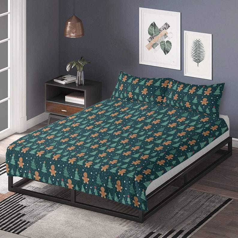 Gingerbread Man Bedding 3pc Set, Christmas Xmas Green Trees One Duvet