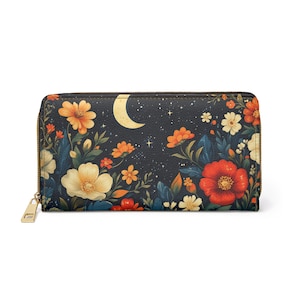 Portafoglio in pelle con luna floreale da donna, stelle, fiori, vegano, con cerniera, con cerniera, per monete, carte di credito, contanti, da donna, sottile, pochette